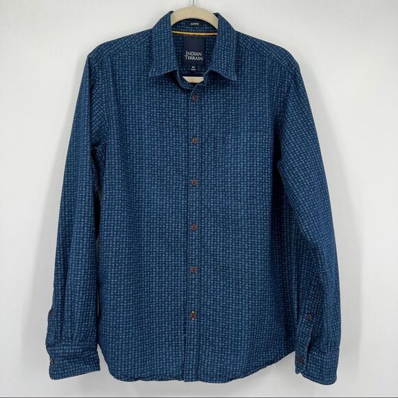 Indian Terrain Navy Blue Print Slim Fit Button Down Shirt Size Medium 40 - Picture 1 of 8